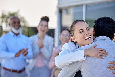 Buy stock photo Happy, team and business people hugging for congratulations, motivation or friendship. Happiness, team building and corporate employees embracing for collaboration in city at a office or workplace.