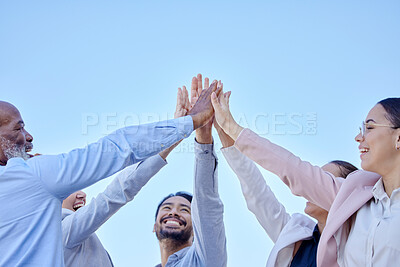Buy stock photo Happy, high five and support with hands of business people for community, diversity and teamwork. Success, winner and collaboration with group of friends for goals, motivation and celebration