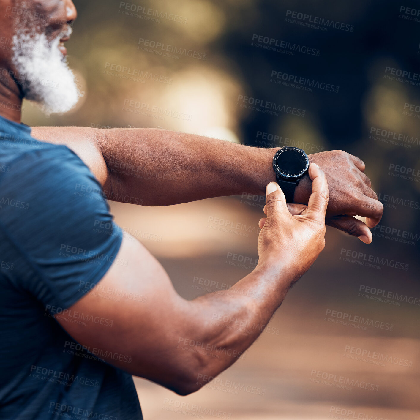 Buy stock photo Smart watch, black man and exercise for fitness with mockup screen to check time performance. Hands of sports person with smartwatch health app for heart, steps and clock or workout progress outdoor 