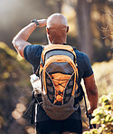 Backpacking, hiking and fitness with black man in forest for sports, training and workout. Relax, peace and freedom with hiker trekking in nature enjoying view for travel, adventure and environment  