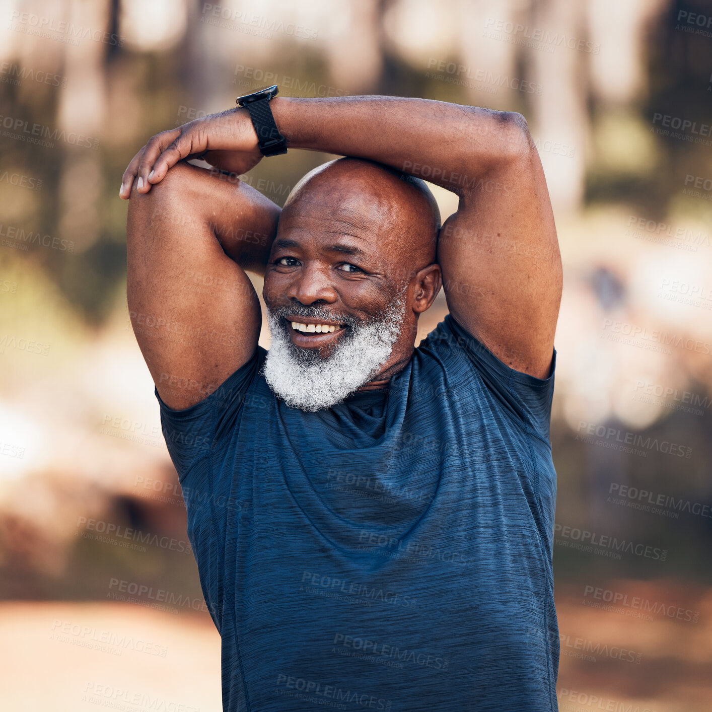 Buy stock photo Black man, stretching and exercise portrait outdoor in nature for fitness and healthy lifestyle. Senior person smile and happy with workout, training and muscle warm up for cardio health and wellness