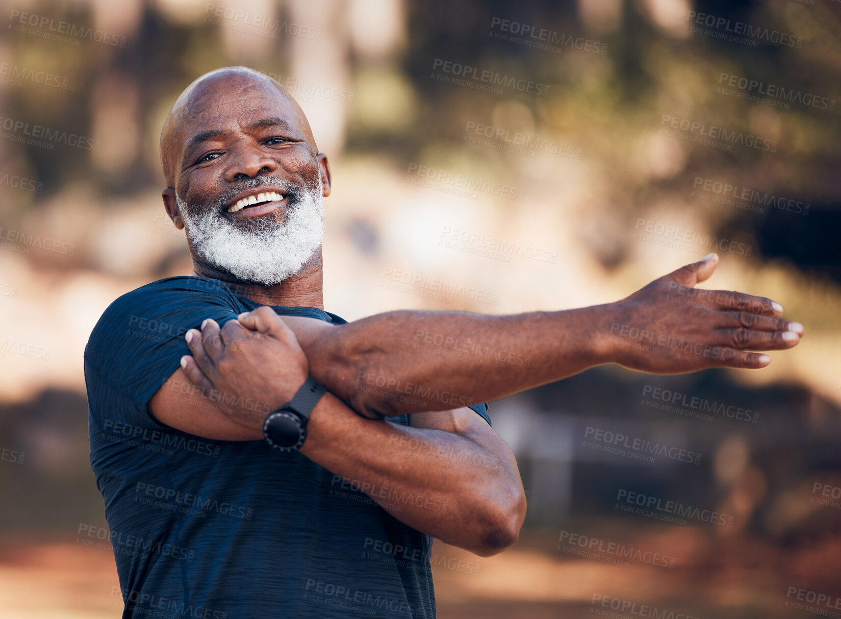 Buy stock photo Black man, portrait and stretching for exercise outdoor in nature forest for fitness and healthy lifestyle. Senior person smile for workout, training and muscle warm up for cardio health and wellness