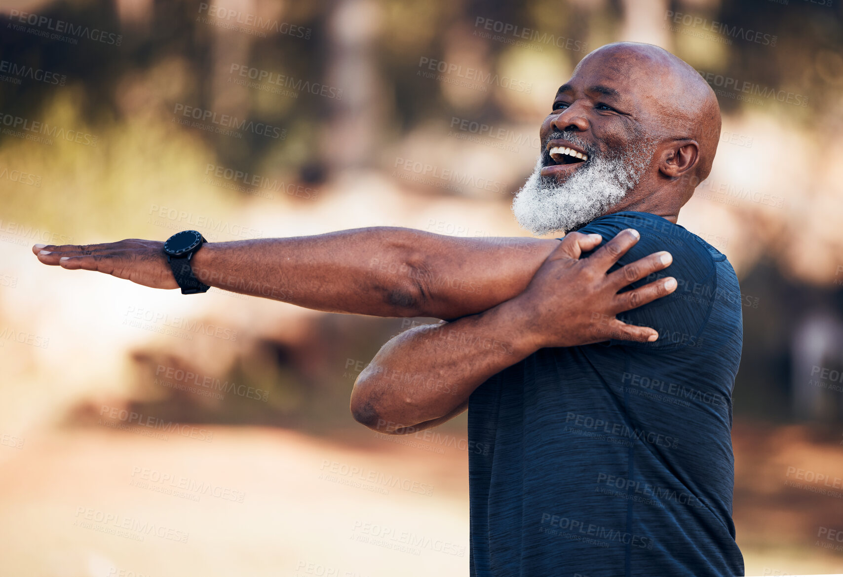 Buy stock photo Black man, stretching and smile for exercise outdoor in nature forest for fitness and healthy lifestyle. Senior person doing workout, training and muscle warm up for cardio body health and wellness