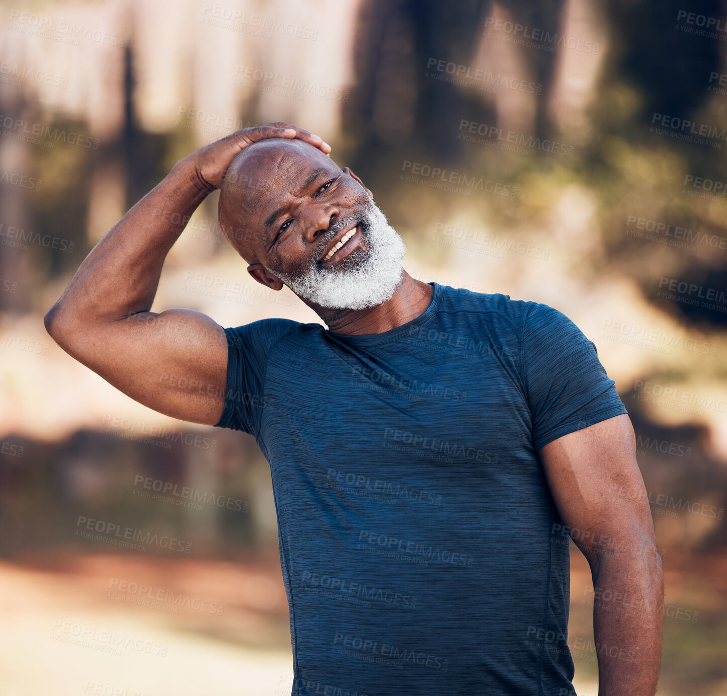 Buy stock photo Senior man, stretching neck and exercise outdoor in nature forest for fitness and healthy lifestyle. Happy black person doing workout, training and muscle warm up for cardio body health and wellness