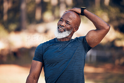 Buy stock photo Black man, exercise and stretching for fitness warm up before running outdoor for motivation. Senior person with smile in nature forest for muscle workout and training for cardio, health and wellness