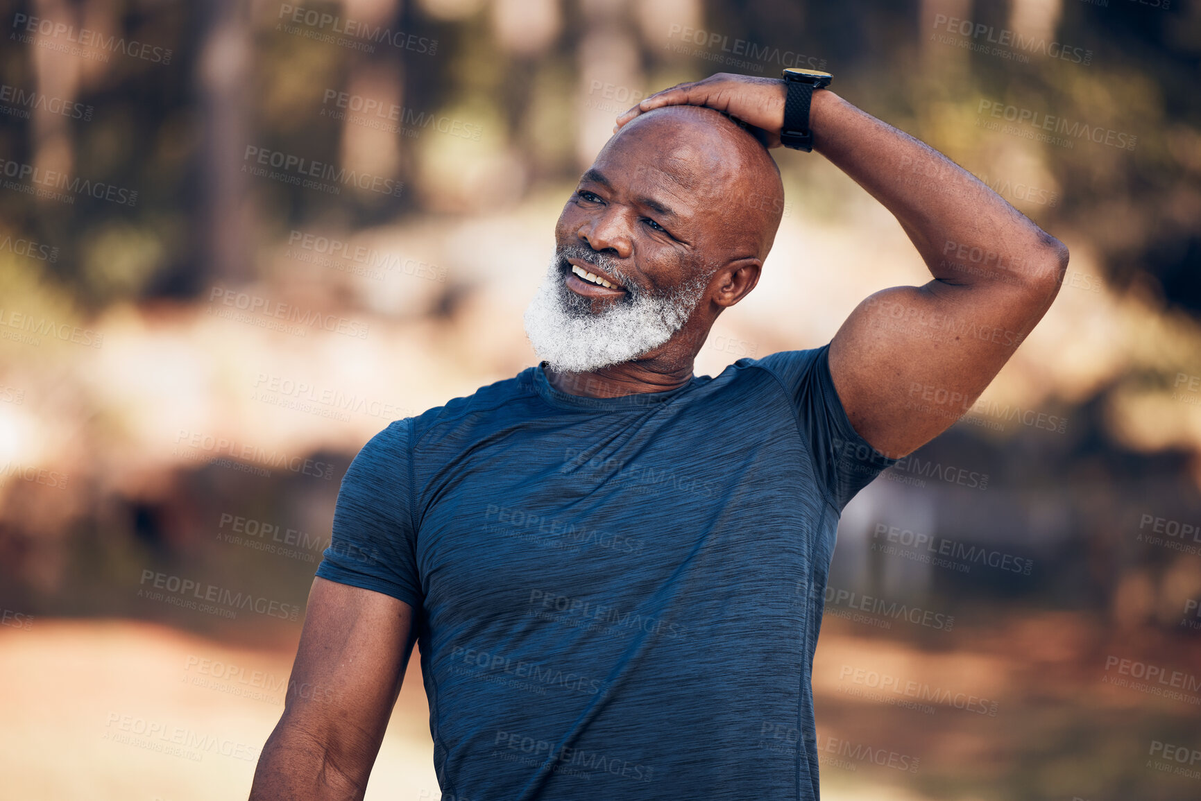 Buy stock photo Black man, exercise and stretching for fitness warm up before running outdoor for motivation. Senior person with smile in nature forest for muscle workout and training for cardio, health and wellness