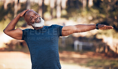 Buy stock photo Black man, exercise and stretching outdoor for fitness and a cardio muscle warm up. Senior person in nature forest for workout and training for health and wellness with a smile, motivation and energy