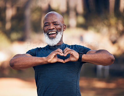 Buy stock photo Portrait, heart fitness and senior man self care, cardiology and workout health support in forest or outdoor running. Face of sports person with retirement love hands in the woods or nature wellness