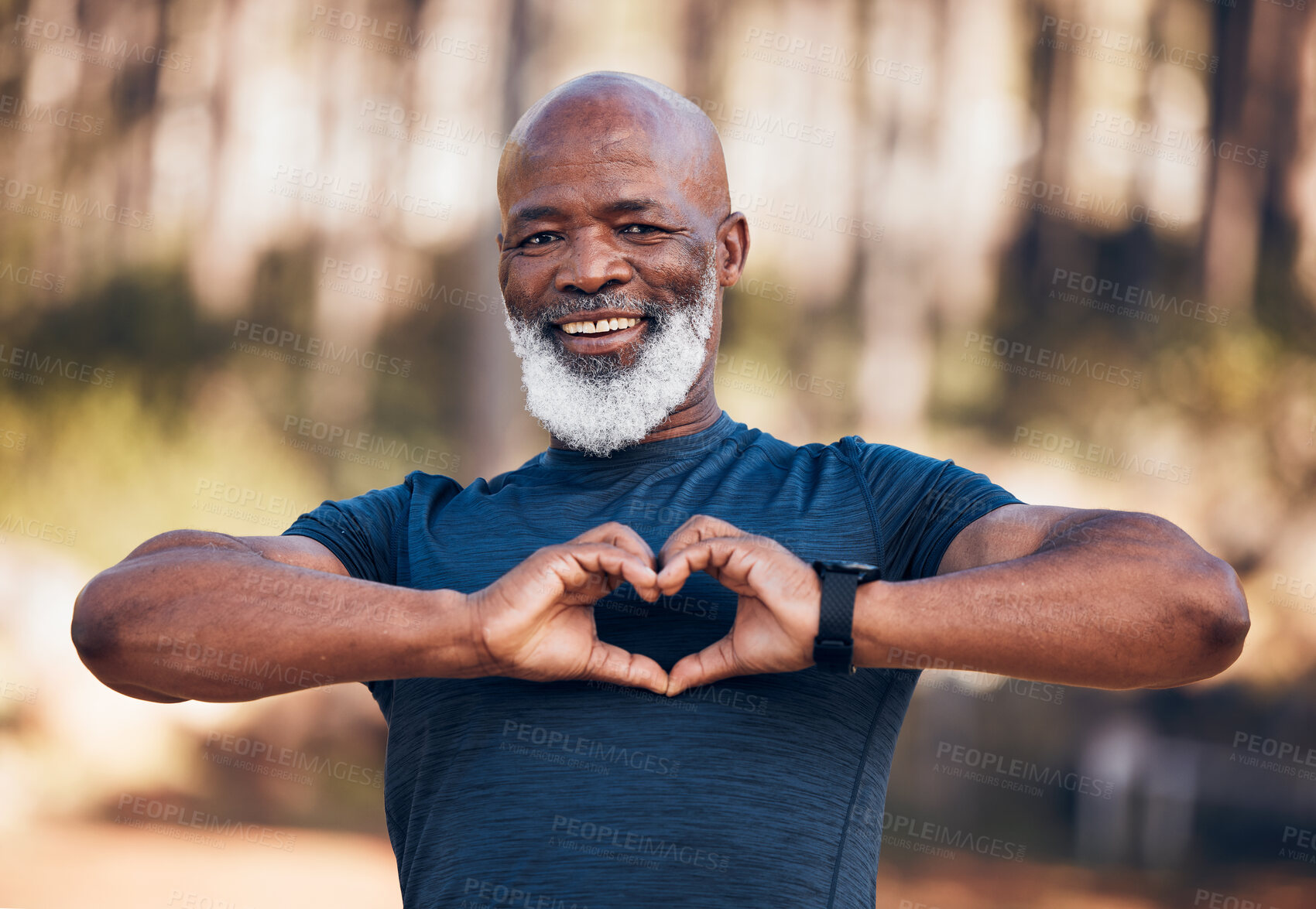 Buy stock photo Black man, fitness and heart portrait for exercise, fitness and health while outdoor with a smile. Healthy senior person in nature forest happy with hand emoji sign for workout and cardio training