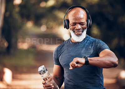 Buy stock photo Black man, music headphones and fitness watch with a water bottle and smile outdoor for cardio time. Senior person outdoor with smartwatch for exercise, workout and training for health and wellness