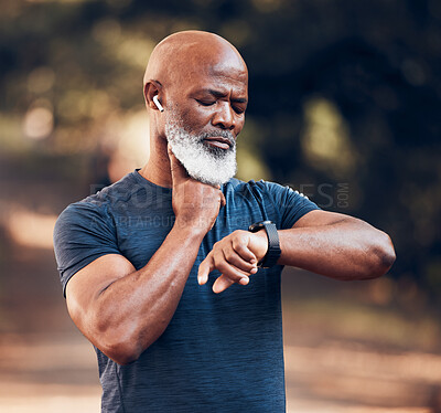 Buy stock photo Black man, fitness and watch for pulse time and exercise while listening to music outdoor. Senior person with smartwatch for performance in nature forest with training workout for health and wellness