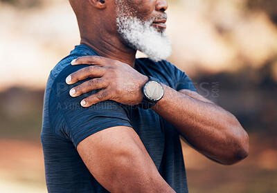Buy stock photo Senior hands, shoulder pain or injury in nature after accident, workout or training. Sports, health or elderly black man with fibromyalgia, inflammation and tendinitis, arthritis and painful arm.