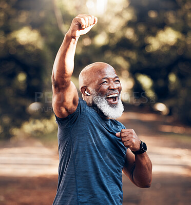 Buy stock photo Park, success and running, winning black man excited and celebration at fitness run in nature with earphones. Music, workout and mature runner with smile and happy to celebrate exercise achievement.