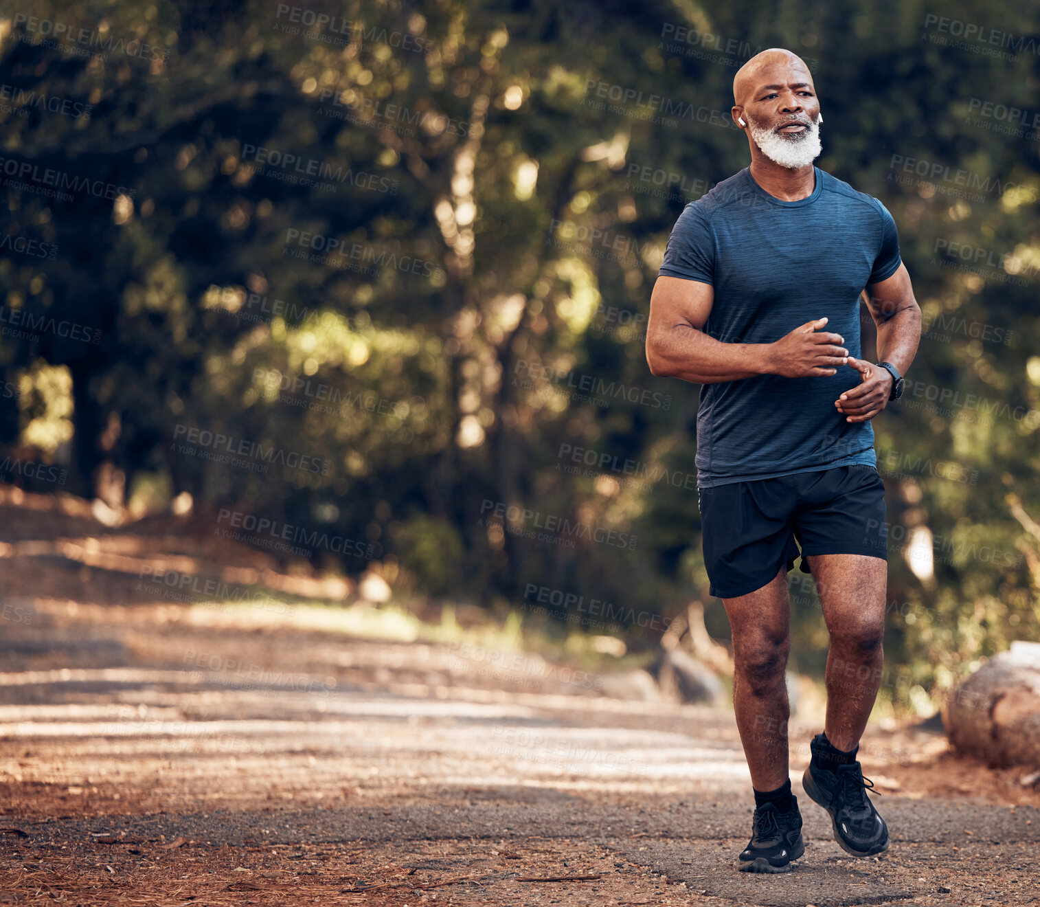 Buy stock photo Run, black man outdoor and fitness for health, thinking and training for balance, target and healthy lifestyle. African male, mature guy and athlete in forest, nature and concentration with exercise