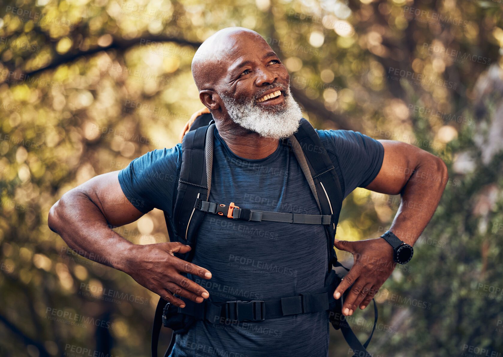 Buy stock photo Fitness, hiking and black man backpacking in nature in a forest for exercise, health and wellness. Sports, athlete and happy senior African male in retirement trekking in the woods on adventure trail