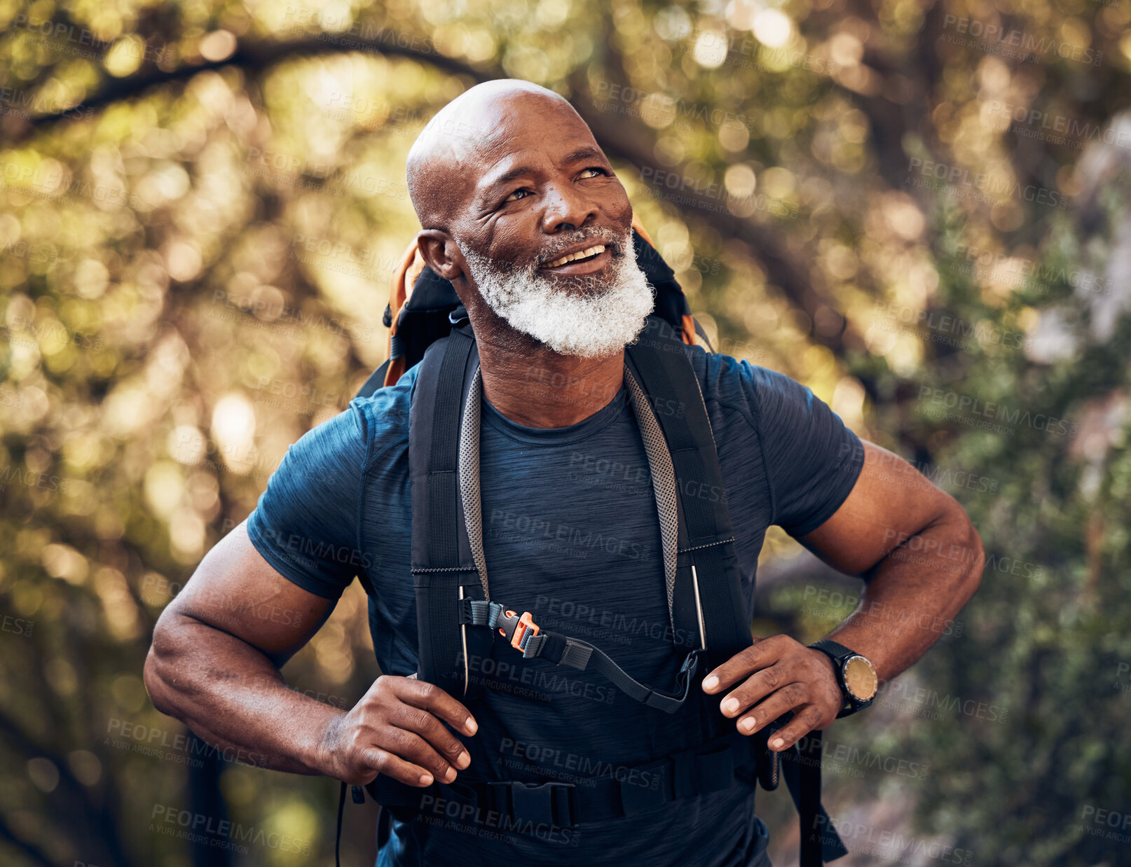 Buy stock photo Nature, backpack and senior black man hiking in a forest for exercise, health and wellness. Sports, athlete and happy elderly African male hiker in retirement trekking in the woods on adventure trail