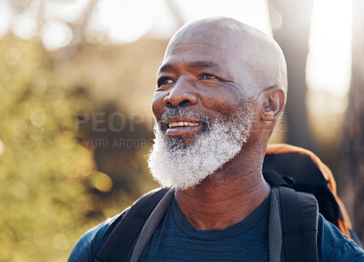 Buy stock photo Hiking, forest and senior black man for travel adventure, cardio fitness and outdoor journey. Happy person or elderly hiker with backpack trekking in woods, nature or countryside health and wellness