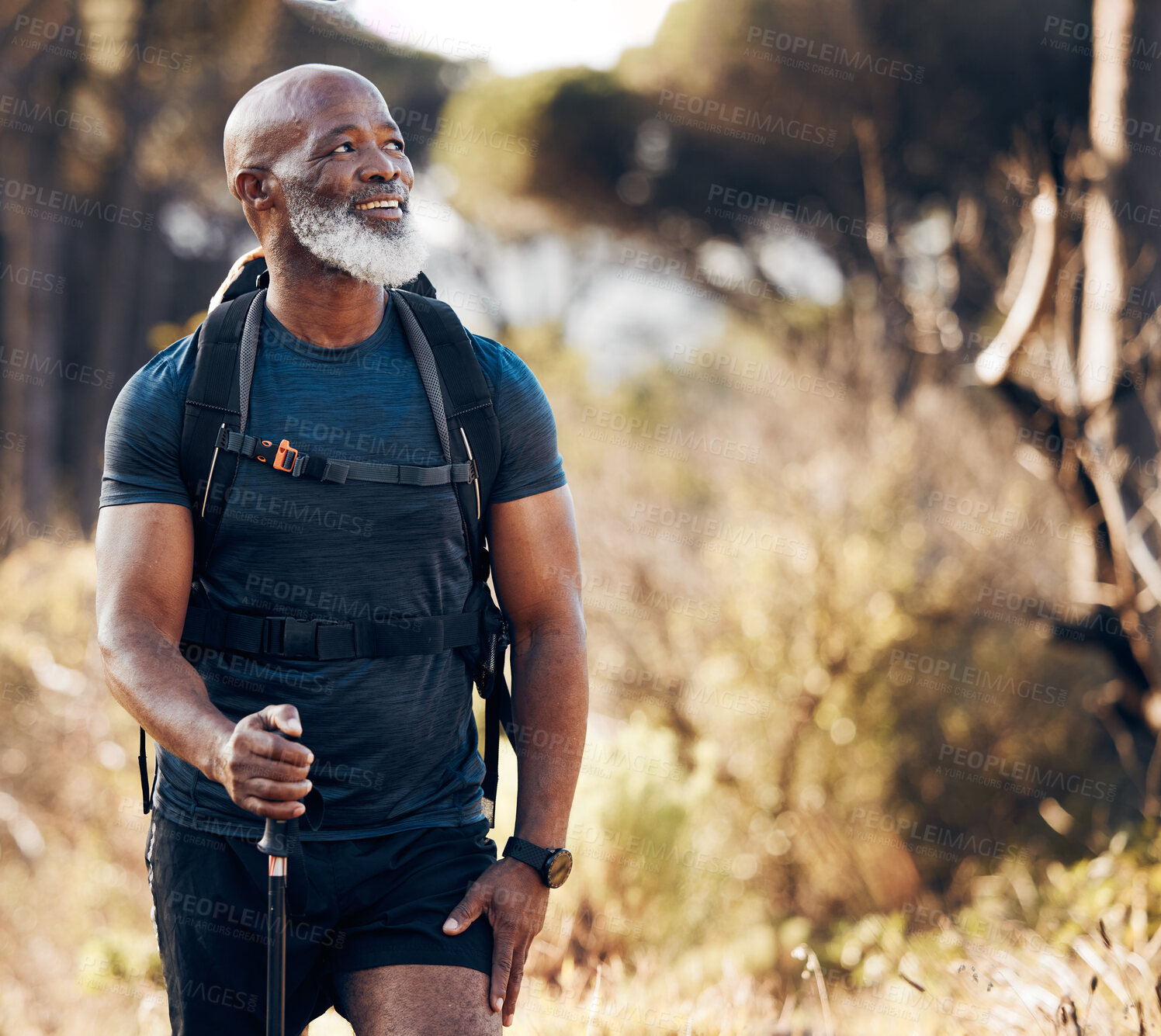 Buy stock photo Hiking, black man and travel adventure in nature forest for trekking, fitness and cardio exercise. Senior person with backpack thinking and walking outdoor in woods for travel, health and wellness