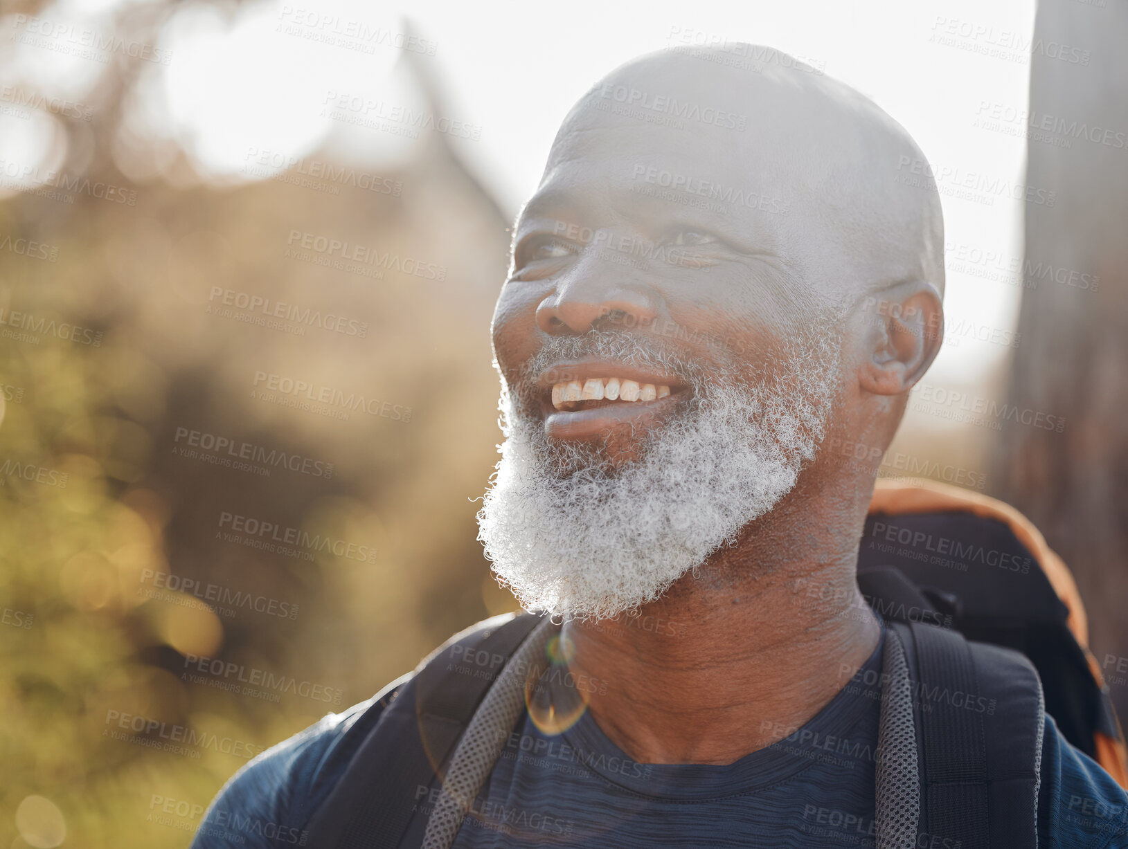 Buy stock photo Happy hiking, senior black man and nature walking, forest adventure or outdoor travel journey. Person or elderly hiker with backpack trekking in woods for retirement health, fitness and wellness