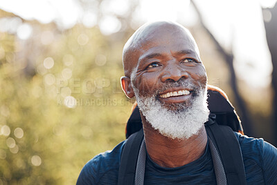 Buy stock photo Nature, hiking and senior black man in walking fitness, forest adventure or outdoor travel journey. Elderly hiker person trekking in woods for retirement health, cardio wellness and carbon footprint