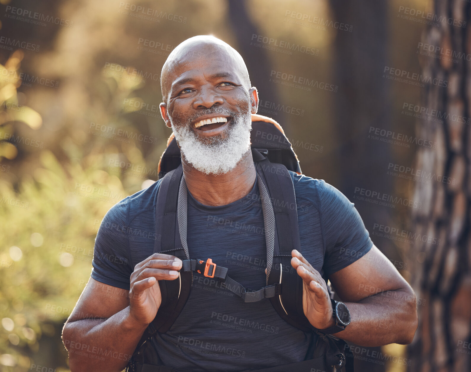 Buy stock photo Senior black man hiking in nature for outdoor discovery, fitness walking and forest travel journey. Happy hiker person trekking in woods for retirement health, cardio wellness and camper holiday