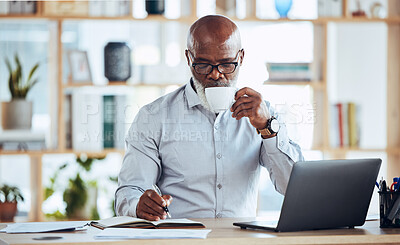 Business, black man and drinking coffee while writing in notebook, schedule and strategy at office desk. Mature entrepreneur planning notes, information and journal of planner, agenda and reminder