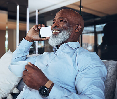 Coffee, relax and black man on a phone call for communication, networking and planning. Happy, conversation and mature businessman with a mockup mobile for talking, discussion and happy with tea