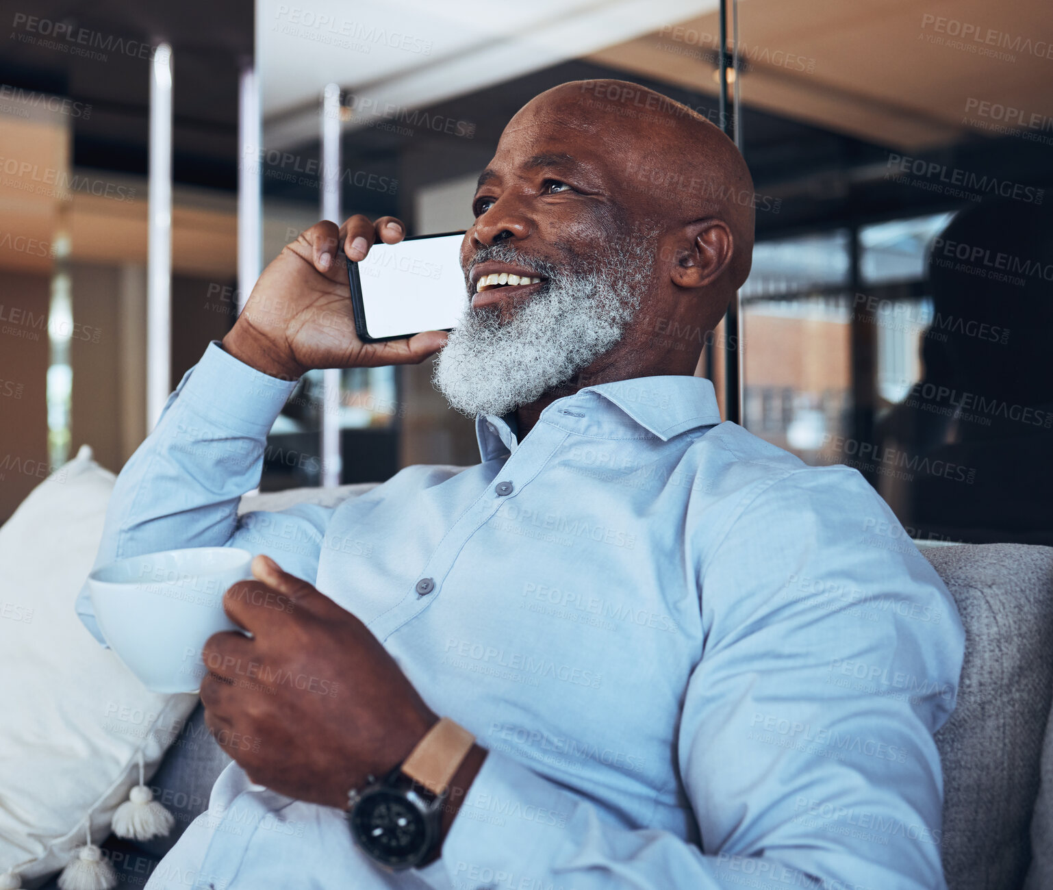 Buy stock photo Coffee, relax and black man on a phone call for communication, networking and planning. Happy, conversation and mature businessman with a mockup mobile for talking, discussion and happy with tea