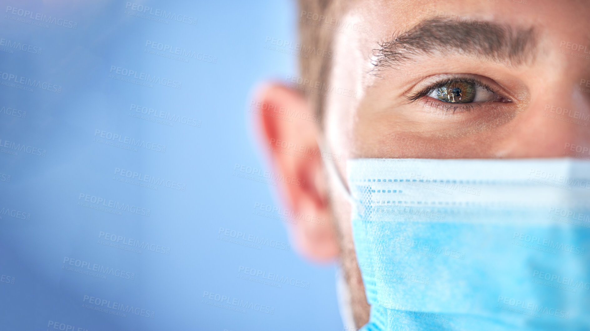 Buy stock photo Covid 19 portrait, half face mask and doctor for pandemic security risk, hospital healthcare support or clinic mockup. Corona virus safety, medical nurse eyes or man for health care, wellness or help