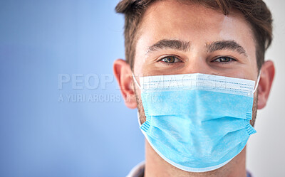 Buy stock photo Covid, face mask and portrait of medical doctor for pandemic security risk, hospital healthcare support or clinic mockup. Corona virus safety, medicine nurse or man for health care, wellness and help