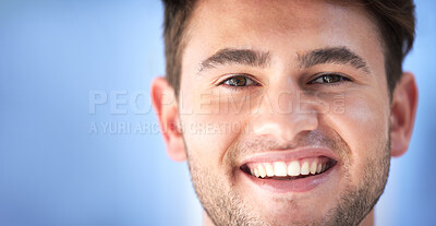 Buy stock photo Happy, smile and portrait of a man doctor or nurse with confidence standing by mockup space. Happiness, headshot and face of professional male healthcare worker or surgeon in a medical clinic.