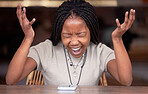 Stress, phone and screaming with black woman in cafe for glitch, social media news and online scam. Burnout, angry and anxiety with girl shouting at mobile for crisis, communication and frustrated