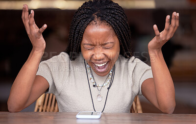 Buy stock photo Stress, phone and screaming with black woman in cafe for glitch, social media news and online scam. Burnout, angry and anxiety with girl shouting at mobile for crisis, communication and frustrated