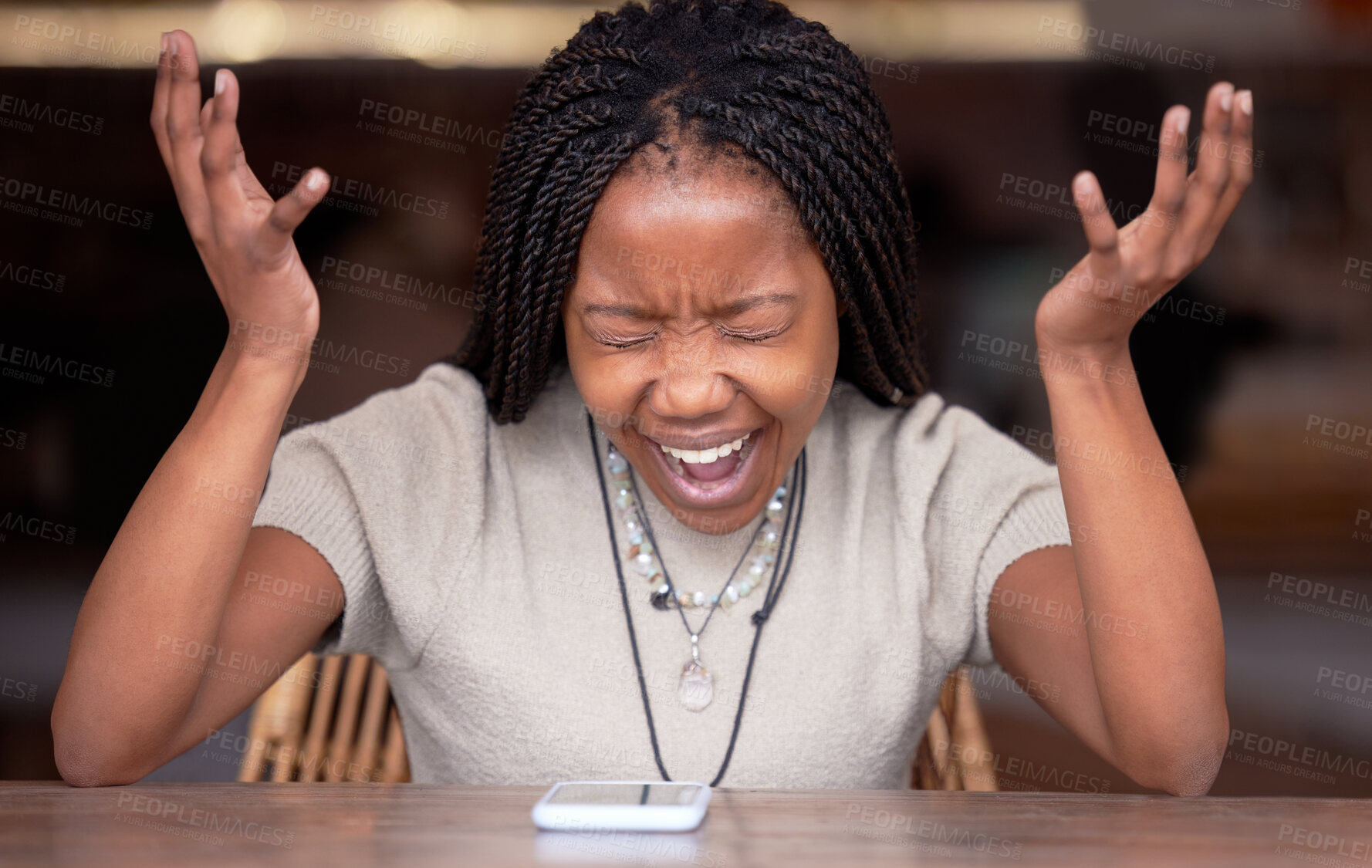 Buy stock photo Stress, phone and screaming with black woman in cafe for glitch, social media news and online scam. Burnout, angry and anxiety with girl shouting at mobile for crisis, communication and frustrated