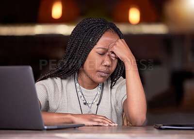 Buy stock photo Burnout, laptop and black woman with headache, depression and mental health for small business. African American female employee, consultant and entrepreneur with device, migraine and frustration