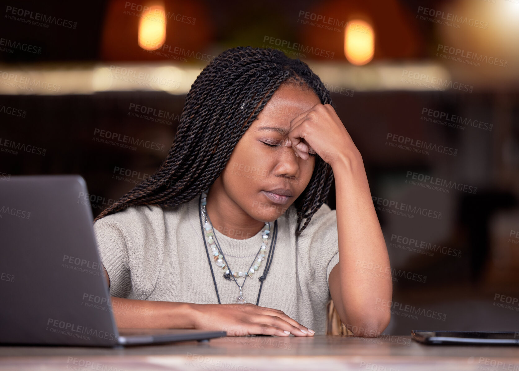 Buy stock photo Burnout, laptop and black woman with headache, depression and mental health for small business. African American female employee, consultant and entrepreneur with device, migraine and frustration