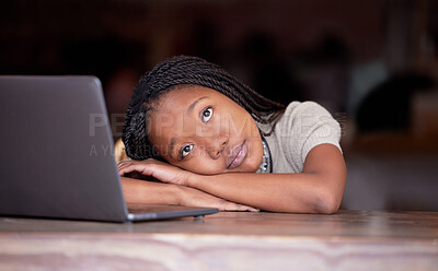 Buy stock photo Bored black woman, laptop and thinking in remote work resting head on table in thought for business plan. Tired African female freelancer wondering, dreaming or relaxed by computer contemplating idea