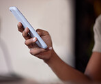 Woman, hands and typing on smartphone for connection, social media post and reading notification. Closeup female with mobile app, technology and search internet on website, digital network or contact