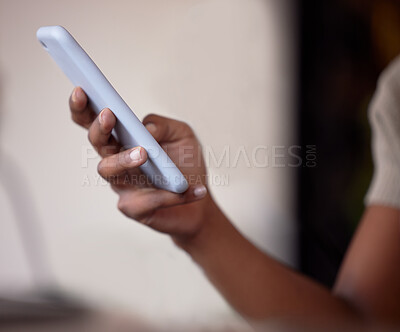 Buy stock photo Woman, hands and typing on smartphone for connection, social media post and reading notification. Closeup female with mobile app, technology and search internet on website, digital network or contact