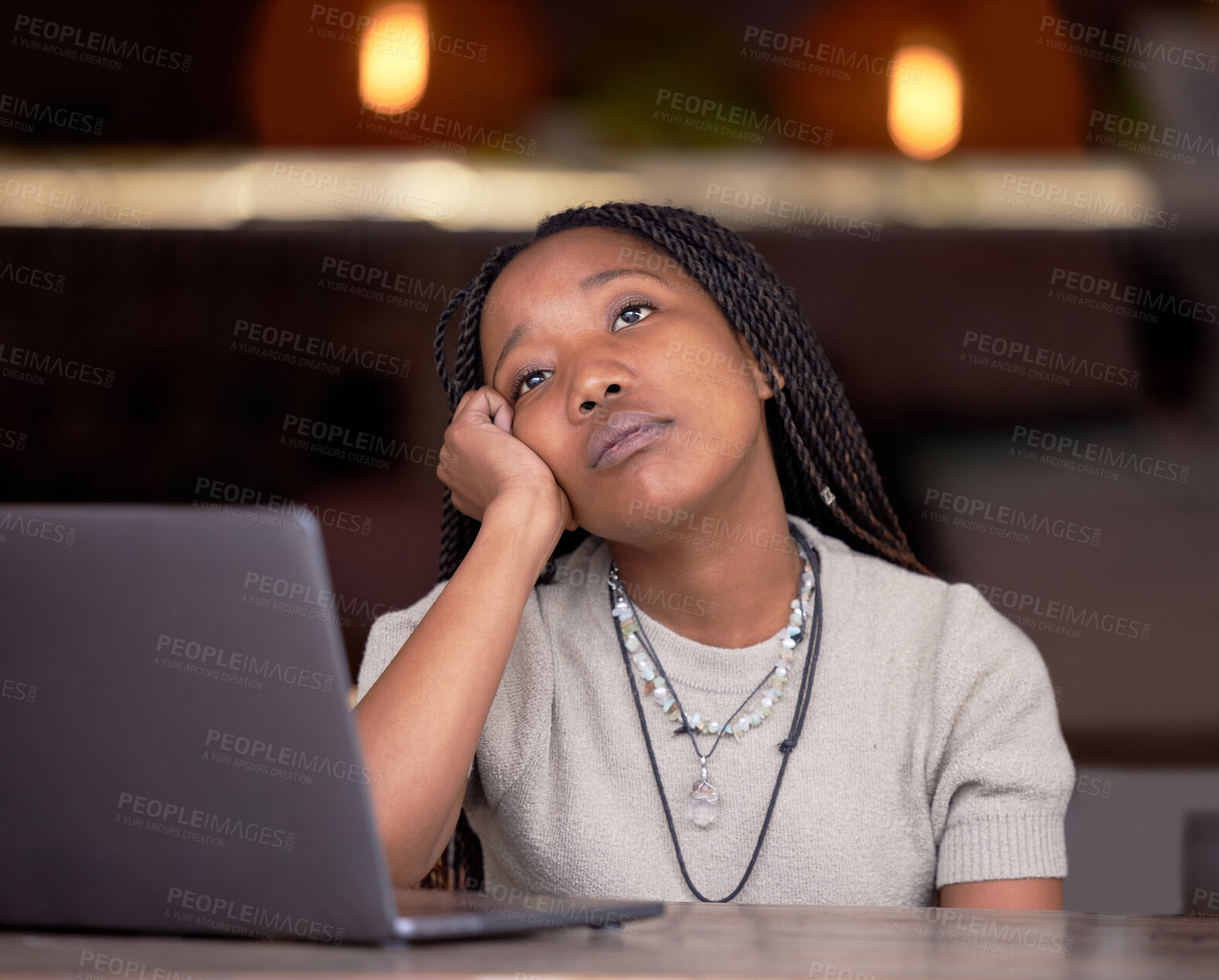 Buy stock photo Tired, bored and thinking black woman at work with depression, stress and sad about workload. Idea, problem and depressed African employee with contemplation about a project, task or deadline