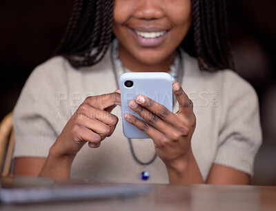 Buy stock photo Closeup, black hands and smartphone for connection, typing and search website for information. Zoom, African American female and lady with cellphone, social media or networking with signal and smile 