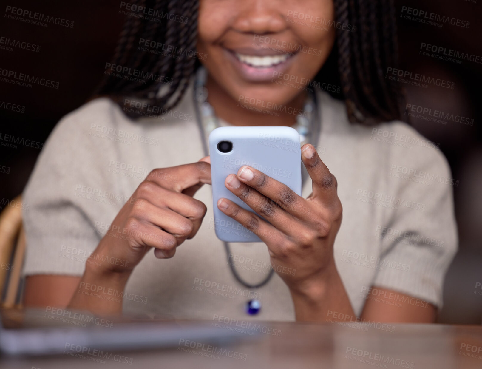 Buy stock photo Closeup, black hands and smartphone for connection, typing and search website for information. Zoom, African American female and lady with cellphone, social media or networking with signal and smile 