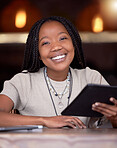 Portrait, black woman and tablet with connection, social media and search website for information. Face, African American female and girl with device, online reading and share post with happiness