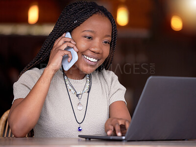 Buy stock photo Black woman, phone call and laptop with smile for communication, conversation or discussion at cafe. Happy African American female freelancer smiling on mobile smartphone by computer in remote work