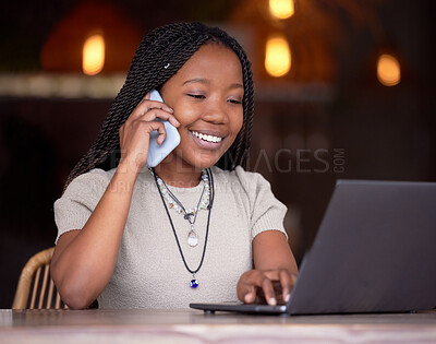 Buy stock photo Black woman, phone call and laptop in remote work for communication, conversation or discussion. Happy African American female freelancer smile or talking on smartphone by computer in coffee shop