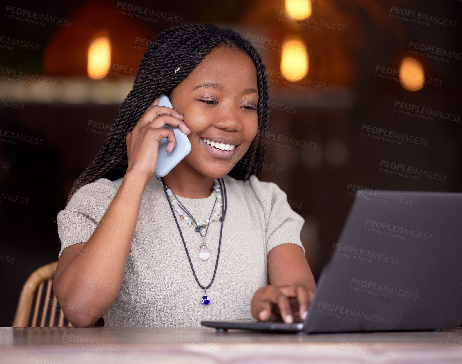 Buy stock photo Black woman, phone call and laptop in remote work for communication, conversation or discussion. Happy African American female freelancer smile or talking on smartphone by computer in coffee shop