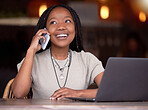 Black woman, phone call and laptop with smile at cafe for communication, conversation or discussion. Happy African American female freelancer smiling and talking on mobile smartphone by computer