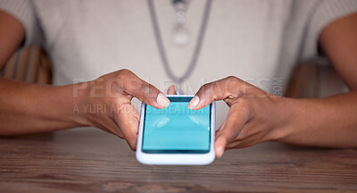 Buy stock photo Black woman, hands and phone with green screen or mockup for social media, communication or mobile app. Hand of African American female browsing, typing or texting in networking on smartphone display