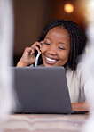 Black woman, phone call and student smile on laptop at cafe for communication, conversation or discussion. Happy African American female freelancer smiling and talking on smartphone by computer