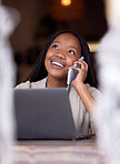 Black woman, phone call and laptop with smile thinking in communication, conversation or discussion. Happy African American female freelancer wondering, smiling or talking on smartphone by computer